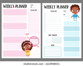 Planificación infantil. Organizador semanal, lista de tareas pendientes, notas y rastreador de hábitos con lindo dibujo animado de chico y chica de etnia negra. Plantilla vertical vectorial de colección para impresión, diseño, decoración, papel