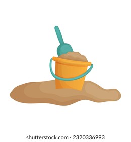 Children's plastic bucket for playing in the sand. Yellow beach bucket with shovel. Flat vector illustration isolated on white background.