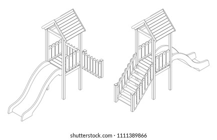Children's plastic hill with a roof, black and white vector isometric contour drawing in two angles
