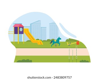 Children's play area, playground with slides, swings and toy horses. Character design. Vector flat illustration