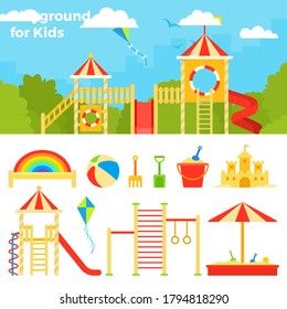 Children's play complex against the backdrop of the cityscape vector icon flat isolated illustration