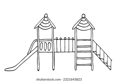 Children's playground, amusement park, slide. Summer rest. Simple black outline vector drawing. Sketch in ink.