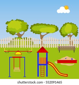 Children's playground, children's playground, bench, sandpit, swings, carousel, attraction. Flat design, vector illustration, vector.