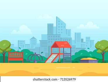 Children's playground in a big city - modern vector illustration with skyscrapers, housing estate on the background. Tot lot with slide, bench, sandbox, merry-go-round