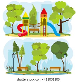 children's playground in a city park. isolated images on the theme of outdoor recreation. vector. a children's playground in the park. 