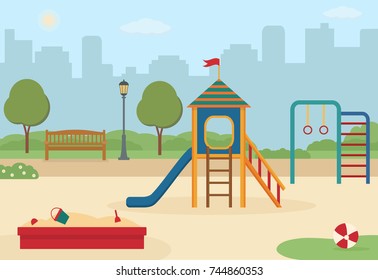 Children's playground in the city park with toys, a slide, a sandpit. Vector illustration.