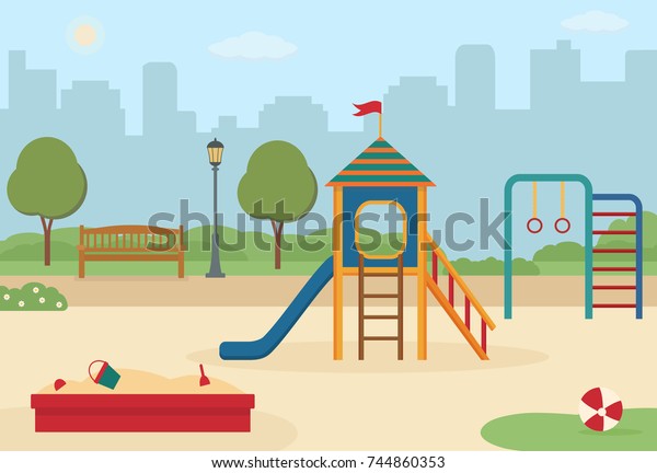 公園内の子どもたちの遊び場におもちゃ スライド 砂場 ベクターイラスト のベクター画像素材 ロイヤリティフリー