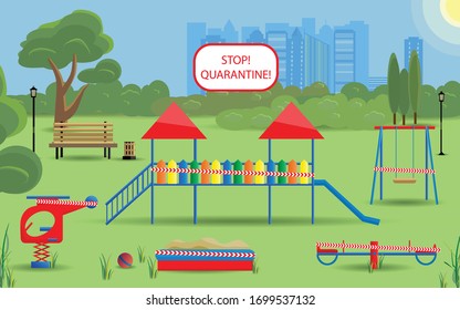 Children's playground in a city public park during quarantine. Coronфvirus concept. Playground with a seesaw, swing, helicopter spring rider, sledge, sand box, bench. Vector illustration in flat style