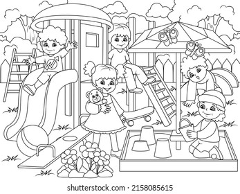 Childrens playground coloring. Vector illustration of black and white.