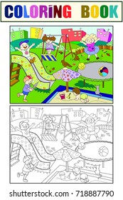 Childrens playground coloring. Vector illustration of black and white. Children, sand, slides, ball, bird, dog, cat, game background house grass bush flower swing sword