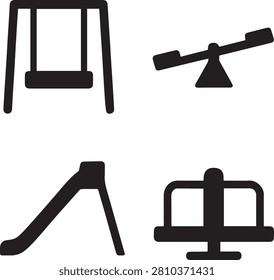 Children's playground equipment vector icon set. Black silhouette icons of a swing set, seesaw, slide, and merry-go-round roundabout.