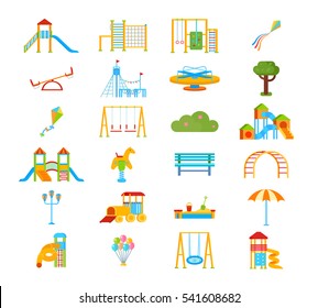 Childrens Playground Flat Isolated Elements In Cartoon Style With Slippery Dip Ladder Seesaw Gym Wall Bars Vector Illustration