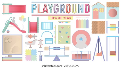 Children's Playground and Kindergarten Furniture and Toys with Top and Side Views For Interior Architectural Drawings