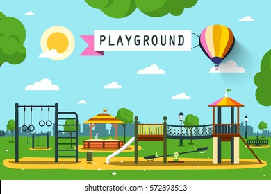 Children's Playground on City Park. Vector Flat Design Cartoon.