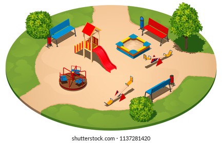 Children's playground on a round clearing among the grass, with three paths, isometric vector illustration