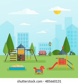 Childrens playground at park with swing slide and sandbox on green grass cityscape in background vector illustration