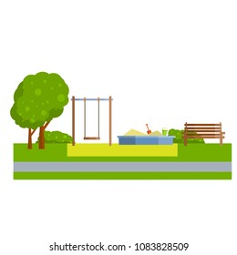 Children's Playground. place for kids in a green Park. sports facilities - the carousel, swings, sandpit sand with the shovel and shovel. outdoor activity.city improvement - Cartoon flat illustration