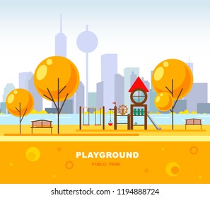 Children's playground in the city’s public park. Vector illustration. Futuristic urban scene