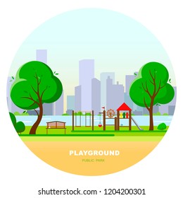Children's playground in the city’s public park. Vector illustration.	Illustration of a round shape
