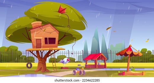 Childrens playground in rainy weather. Cartoon vector illustration of tree house with wooden ladder, toys, tricycle and sandbox in green summer park. Place for kids to play and have fun outdoors