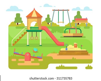 Children's playground with slide, swings, sandbox and other elements.  Amusement park for children. Vector flat design illustration