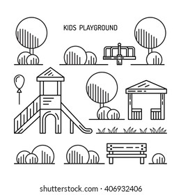 Children's Playground with swings. A place for children play in the yard. Children's Playground drawn in a linear style, vector, outline. Children's Playground. Kids playground. Playground kids