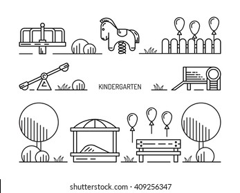 Childrens Playground with swings. A place for children play in the yard. Childrens Playground drawn in a flat style, vector,flat.Childrens Playground. Kids playground. Playground