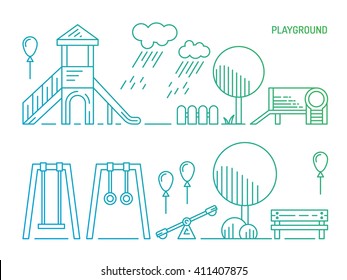 Children's Playground with swings. A place for children play in the yard. Children's Playground drawn in a linear style, vector, outline.