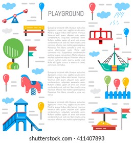 Children's Playground with swings. A place for children play in the yard. Children's Playground drawn in a linear style, vector, outline.