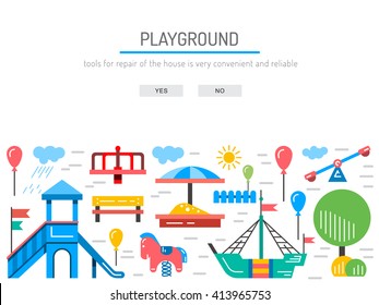 Children's Playground with swings. A place for children play in the yard. Children's Playground drawn in a linear style, vector, outline. Kindergarten Kindergarten yard. Kindergarten. Children park