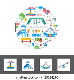 Children's Playground with swings. A place for children play in the yard. Kindergarten Playground drawn in a linear style, vector, outline. Kindergarten Playground. Kid's kindergarten.