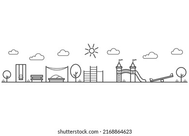 Childrens playground with swings, sandbox and bench in park. Entertainment in kids area. Outline city landscape. Vector