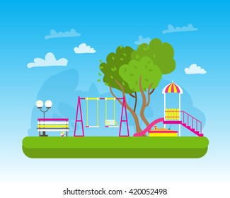 Children's playground with Swings, slide, sandbox, bench, teeter board. Kids playground. School Children's park. Buildings for city construction. Kindergarten Vector flat design illustration