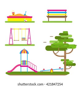 Children's playground with Swings, slide, sandbox, bench, teeter board. Kids playground. School Children's park. Buildings for city construction. Kindergarten Vector flat design illustration