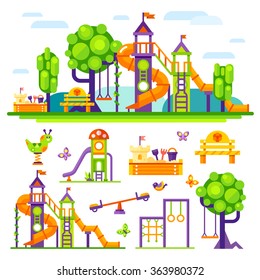 Children's  playground. Teeter board, Swings, sandpit, sandbox, bench, tree house, children  slide. Baby-themed flat stock illustration with isolated elements. 