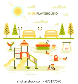 Children's playground. Teeter board, swings, sandpit, sandbox, bench, tree house, slide. Pregnant mother and elder daughter, Baby-themed flat stock illustration with isolated elements.