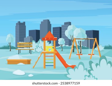 Parque infantil no inverno no parque da cidade. Ilustração vetorial em estilo de desenho animado plano.