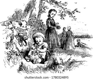 Children's are playing and collecting small flower in a grassy field under a tree., vintage line drawing or engraving illustration. 