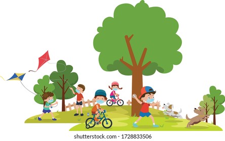 childrens are playing together at the park while using medical mask
