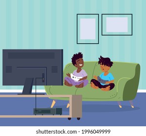 childrens playing video game on sofa