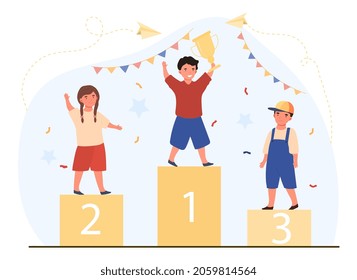 Childrens podium of winners. Boy with goblet stands on top step, achievment. Competitions among children, joy, medals, gold, trophy. Cartoon flat vector illustration isolated on white background