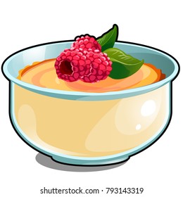 Children's porridge with fresh berries raspberry isolated on white background. Nutrition for infants children. Vector cartoon illustration close-up.