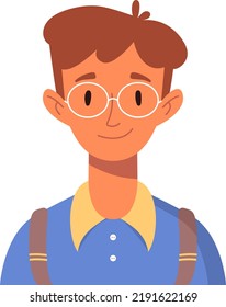 Children's Portrait. Smiling Smart Boy With Backpacks And Glasses. School Kid Avatar. Flat Vector Illustration. Back To School Clip Art