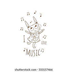 Children's postcard with cartoon little rabbit  listening to music in earphones. Vector image.