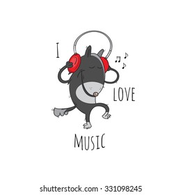 Children's postcard with cartoon little wolf listening to music in earphones. Vector image.