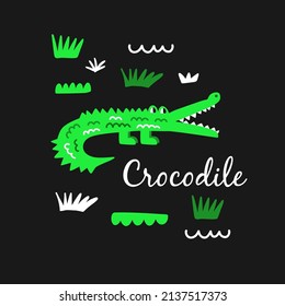 Children's postcard with a funny crocodile surrounded by grass
