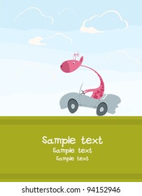 Children's postcard with a giraffe in the car