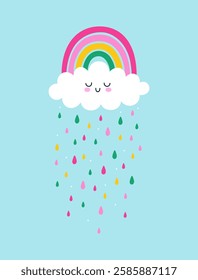 Children's postcard or poster with cloud, rainbow and rain. Vector graphics.