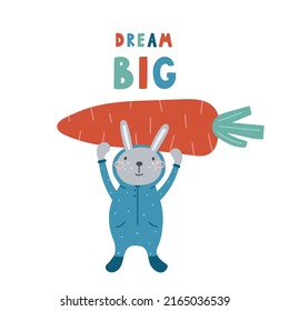 children's postcard poster dream big with a hare in pajamas and a carrot for a nursery
