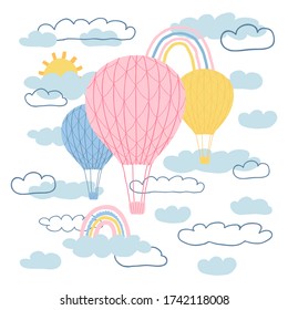 Children's poster with air balloons, sun, rainbow, clouds in cartoon style. Cute concept for kids print. Illustration for the design postcard, textiles, apparel. Vector
